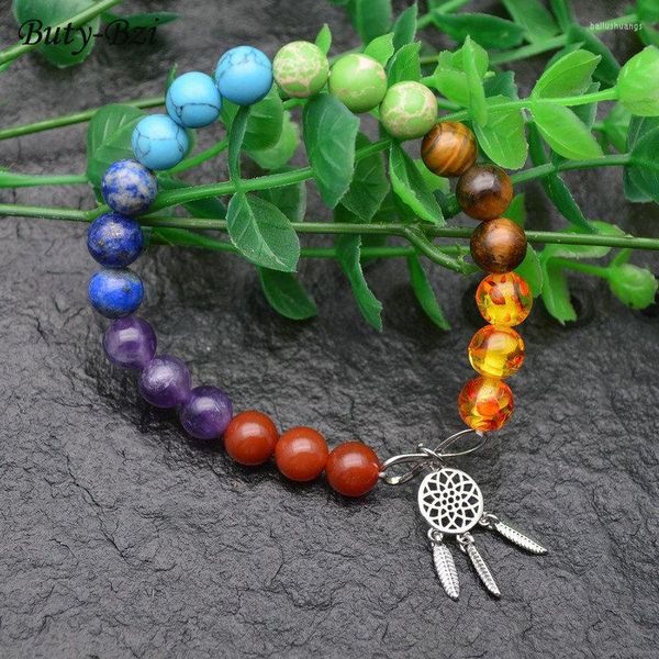 Braccialetti con ciondoli Pietre semipreziose naturali Perline rotonde colorate Metallo argentato Campane eoliane Braccialetti con ciondoli Chakra Jewerly Festa di coppia