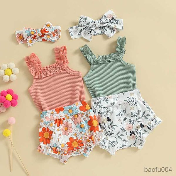 Completi di abbigliamento Completi di vestiti per neonate Set di vestiti senza maniche estivi TopsandFlower ShortsandHeadband 0-18 mesi Baby Girl Abbigliamento Abiti R230518