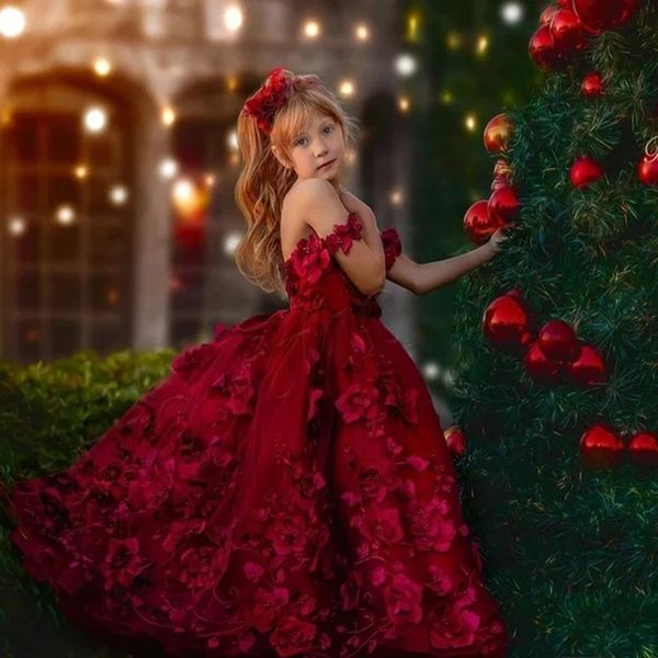 Strap di spaghetti rosso scuro Cingcio 3d Flower Girls Dress Pearls Child Prom Party Abito Corset Back Kids Abito fotografico