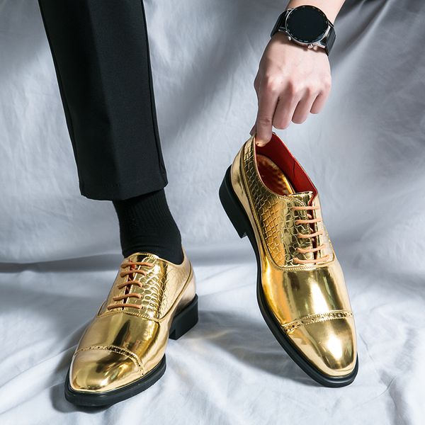 New Derby Shoes for Men Black Patent Leather Lace-up Gold Round Toe Wedding Formal Mens Shoes Frete grátis Tamanho 38-46
