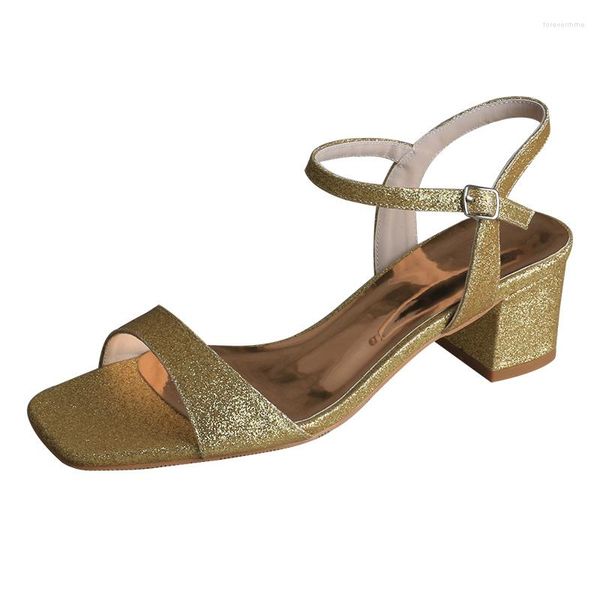 Sandalen nach Maß, glitzernd, glänzend, für Partys und goldene Hochzeiten, niedriger quadratischer Absatz, 5 cm