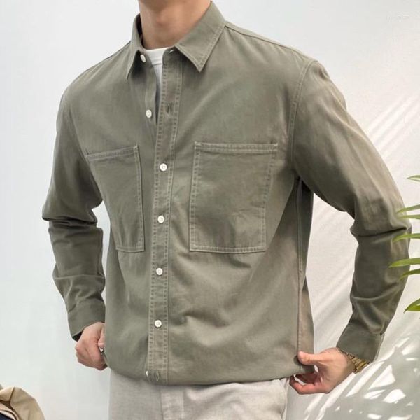 Camisas casuais masculinas Exército Button Up camisa para homens Vestido de manga longa de cor de cor sólida de cor social Luxo social Nice