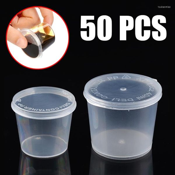 Garrafas de armazenamento 50pcs/conjunto plástico transparente de molho pequeno copo Condimentos de bolso Caixas de recipientes com tampas de vedação Anti -vazamento 1oz/1,5 oz