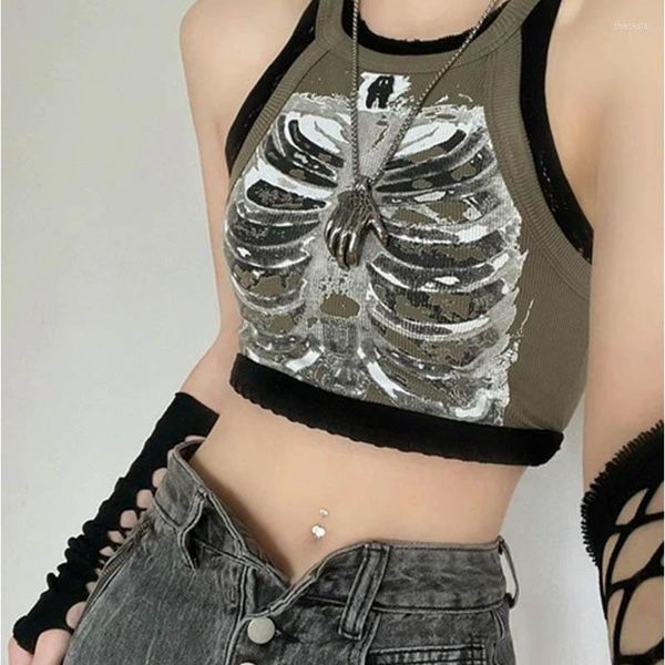 Damen Tanks Punk Aesthetic Cyber Retro X-ray Skeleton Print Rib Ärmellose Weste ArmyGreen Crop Top Designer Kleidung Damen 2023 Sommer Emo