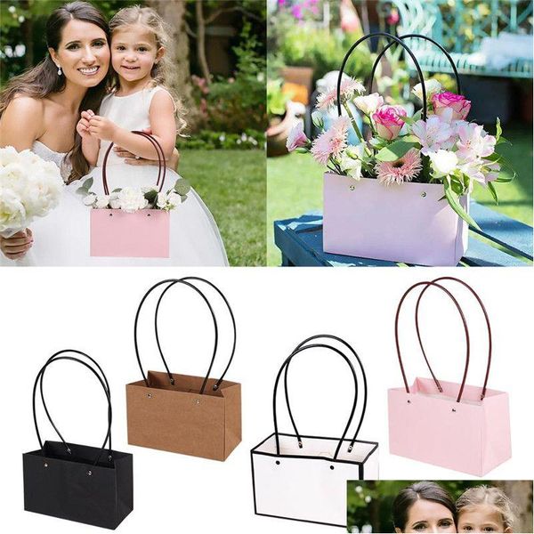 Decorazione per feste Borsa per fioristi in carta Kraft Scatola per fiori rosa bianca nera Sacchetti regalo impermeabili San Valentino Drop Delivery Home Dh72M