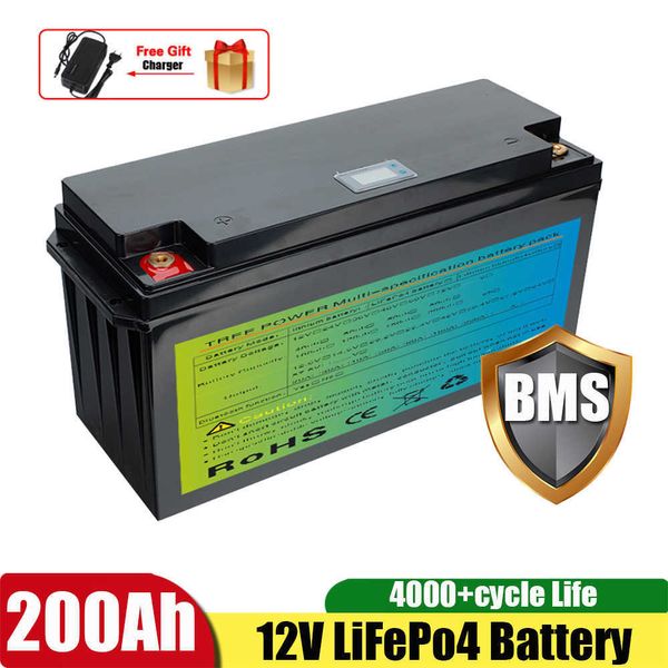 LiFepo4 12V 200Ah Batteria solare al litio ferro portatile per alimentazione esterna elica elettrica + caricatore 20A