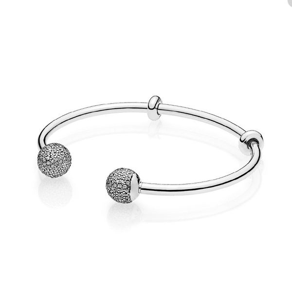 Kristall-Diamant-Pflaster-Manschettenarmband für Pandora-Hochzeitsarmbänder aus echtem Sterlingsilber, Designer-Schmuck für Frauen, Charms, offener Armreif mit Original-Box-Set