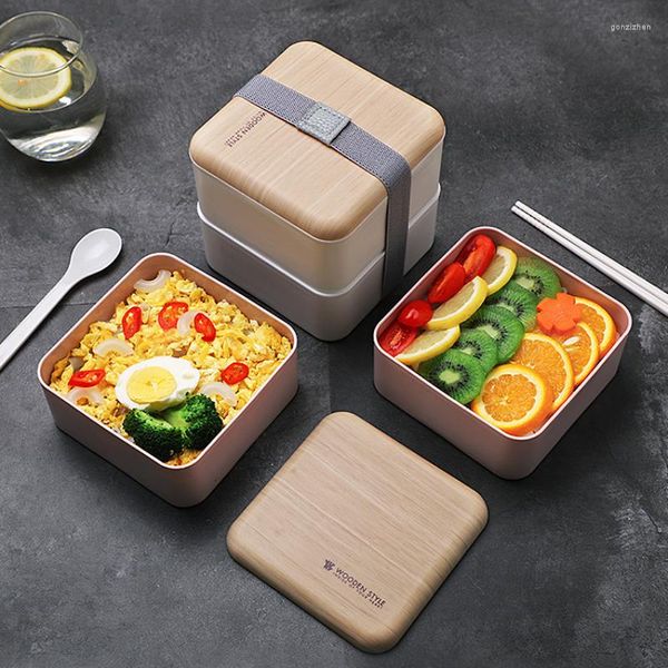 Dinnerware Sets Square Double-camada de madeira simples Bento Bento Japanese portátil lancheira portátil para crianças adultos de adultos com utensílios de mesa