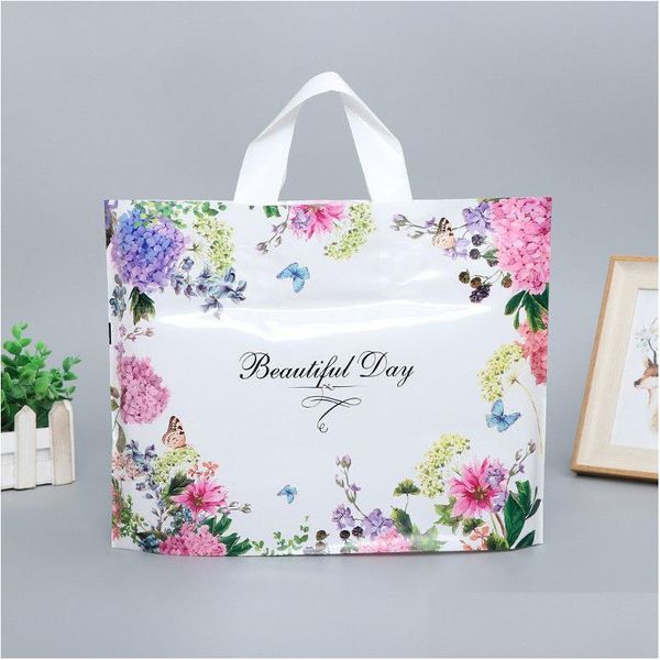 Borse da imballaggio Beautif Day Print Bag Plastica con manici Colorf Flower Butterfly Abbigliamento Packaging Boutique Maniglia Drop Delivery Offi Dhau7