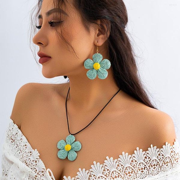 Brincos de colar Conjunto Handmade Fuchsia Blue Fabric Flower Dangle Jóias pendentes para mulheres Acessórios de praia de verão