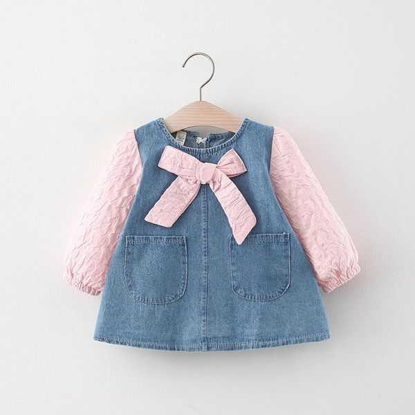 Mädchen Kleider Mädchen Kinderkleidung 2023 Frühlings- und Herbstmodelle Mädchen Langarm-Nähkleid Bogen Denim Prinzessin Rock Baby