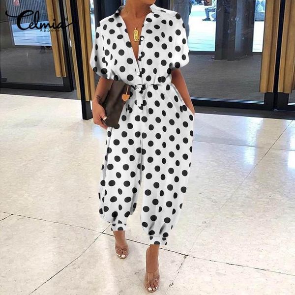 Capris Celmia Frauen Jumpsutis Fashion Polka Dot Rompers Casual Lose Short Sleeve Cargo Hosen Plus Größe Sommer 2021 Overalls Femme