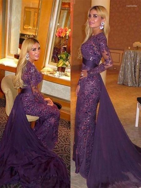 Vestidos de festa o pescoço sereia mangas muçulmanas Cristais de renda islâmica dubai arábica saudita, banheiro púrpura elegante e elegante