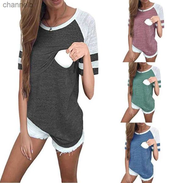 T-shirt da donna T-shirt premaman per allattamento T-shirt per allattamento T-shirt a maniche corte color block a righe Taglie forti S-XL Abbigliamento premaman TeesL230519