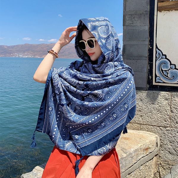 Sarongs Sommer Sonnenschutz Blau Serie Druck Baumwolle Leinen Gefühl Schal Schals Für Frauen Strandtuch Pashmina Damen Reise Schals 230519