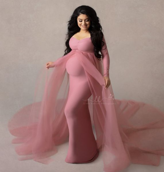 Maternidade Vestidos de POGRAÇÃO Rosa Props Vestido longo sem ombros para mulheres grávidas Momenos maxi chuveiros de bebê Po Shoot 230519
