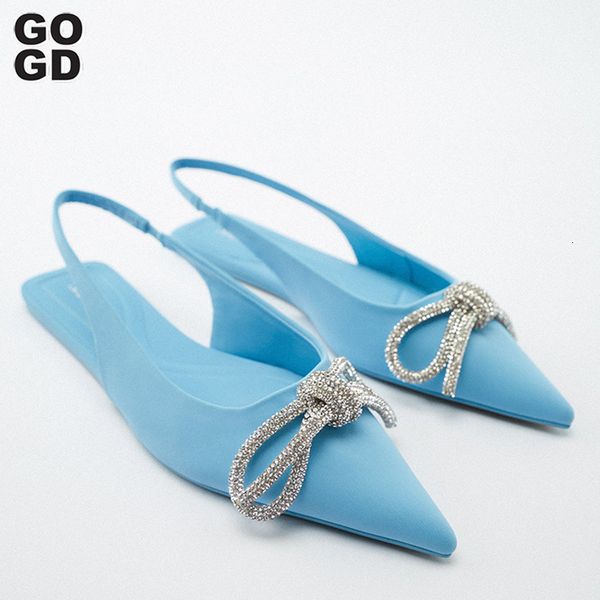 Sandalen GOGD Marke Mode Frauen Sandalen Luxus Flache Schuhe Diamant Bowknot Klassische Spitze Zehen Spitze Hochzeit Schuhe Große Größe 230518