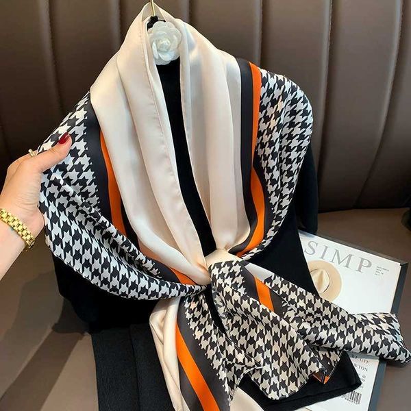 Корейский стиль популярный платок классический печатный решетки шелковые шарфы 2022 Four Seasons Long Scarf Fashion Sunscreen 160x40см головы G220513