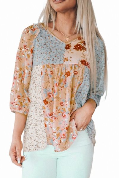 Top babydoll floreale misto scollo a V multicolor 2023 Hot New i9he #