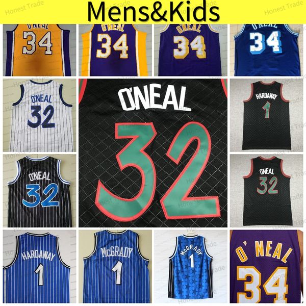 Мужчины Дети 32 Shaquille ONeal Черные полосы Джерси Penny Hardaway Green Number White Stars Tracy McGrady Сшитые молодежные мужские рубашки