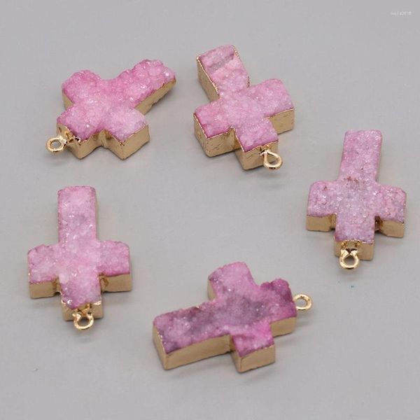 Anhänger im Großhandel, 5 Stück, Naturstein, rosa Achat, Kristall, Knospe, Kreuz, vergoldet, Anhänger, Basteln, Basteln, DIY-Halskette, Ohrring, Charm, Schmuck, Geschenk