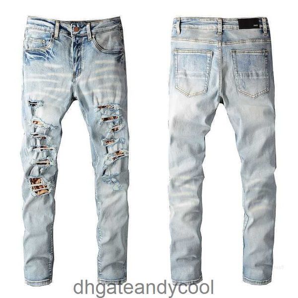 Mens Denim Amirres Jeans Designer Calças Homem Queda Nova Moda Marca Masculina Preto Quebrado Bordado Remendo Elástico Magro Leggings 2RP1
