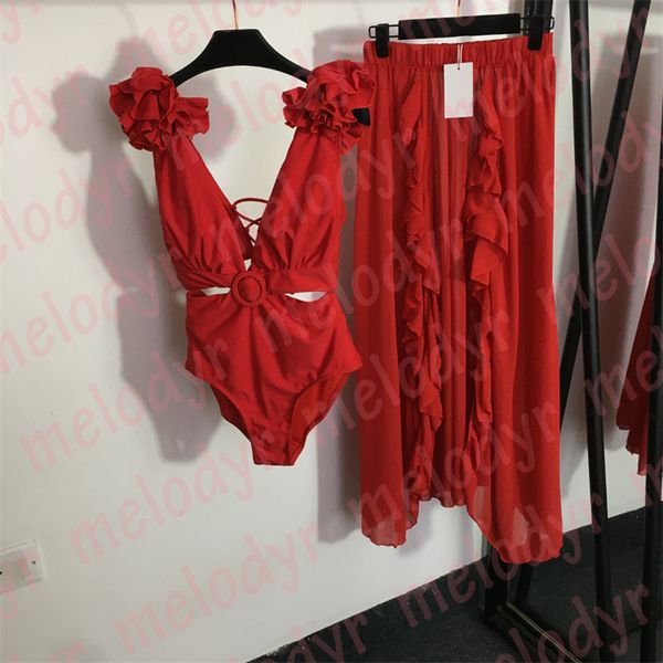 Designer de moda Red Swimwear Set Summer Seaside Beach Dress Sexy V Neck Bandage Bikini