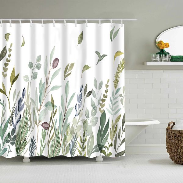 Cortinas de chuveiro Flor de tinta e folhas cortinas de chuveiro folhas de planta folhas de poliéster cortina de banheiro com ganchos 180x200cm decoração de casa tela de banho 230518