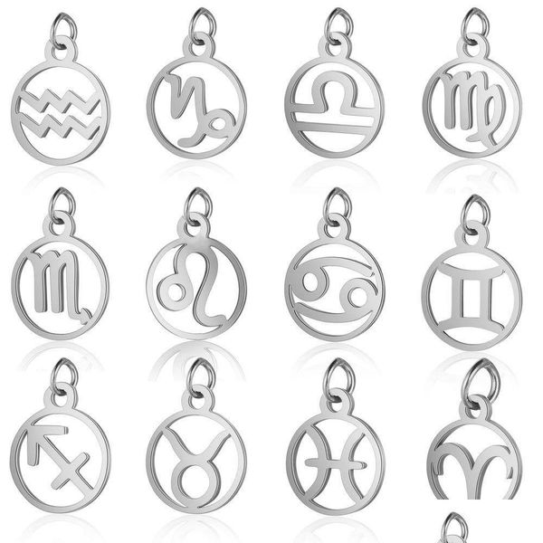 Charms 11Mm Acciaio inossidabile 12 Segno zodiacale Costellazione fai da te Per le donne Creazione di gioielli Mini 10 Pz / lotto Risultati consegna goccia Dhgarden Dh45V