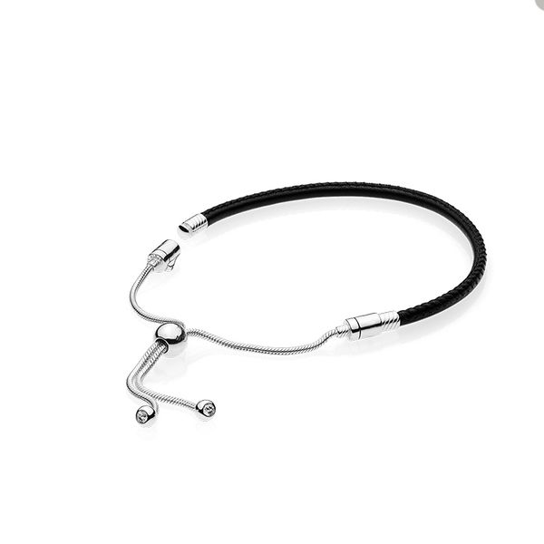 Schwarzes Leder-Schiebearmband für Pandora-Schmuck, 925er-Sterlingsilber, Party-Armbänder für Frauen, Freundin, Geschenk, Designer-Armband mit Originalverpackung