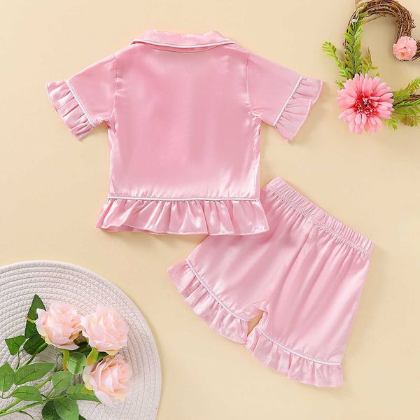 Kleidungssets für Kleinkinder, Kinder, Babys, Mädchen, Pyjama, Satinanzug, Kurzarmhemd und Shorts, Rüschensaum, einfarbig, süße Frühlingskleidung, 1–5 Jahre