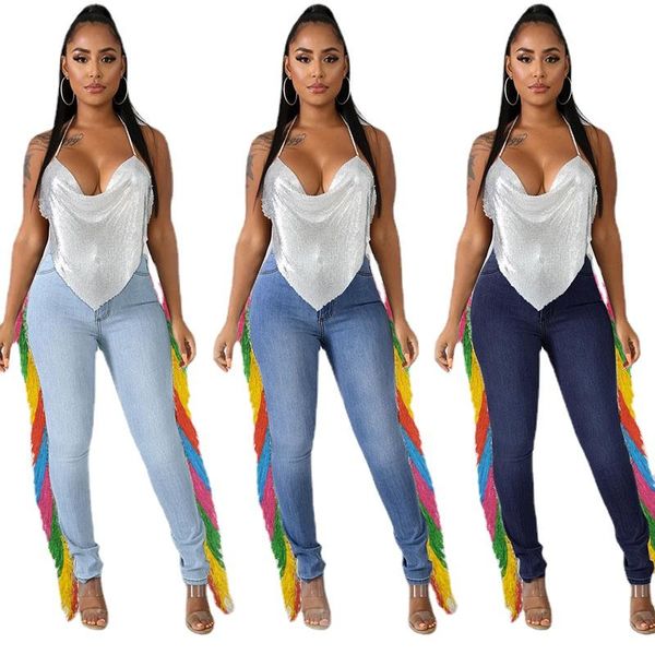 Jeans xl5xl womens arcobaleno arruffone slim fit jeans pantalone per donne con colorato frangia alta in denim in denim lungo pantalone wolesale dropshipping