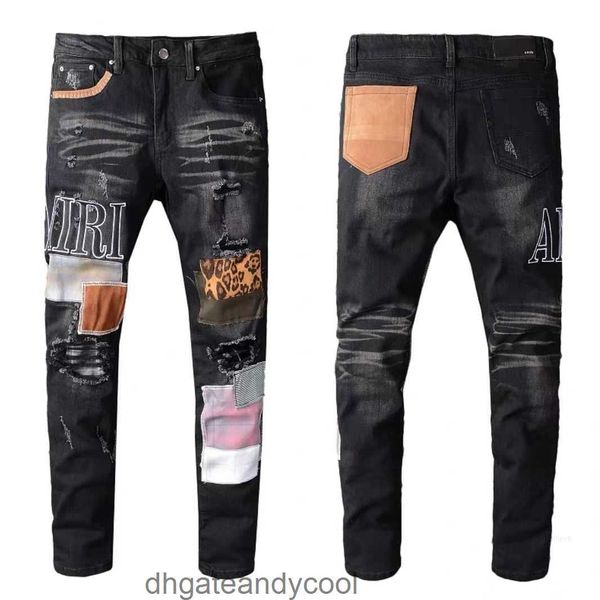 Джинсовая джинсовая джинсовая падение Amirres Mens Jeans Designer Am Pants Man Мужские черные перфорированные вышива