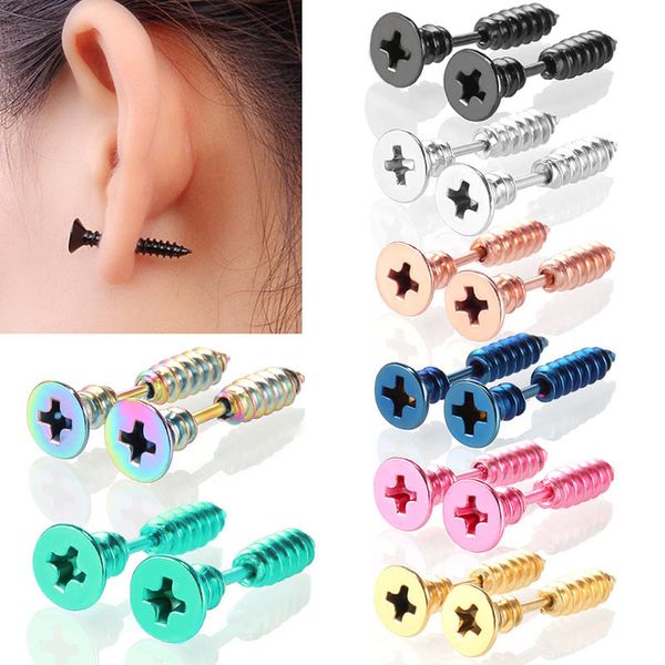 Stud 1Pair Punk Moda Altın Siyah Siyah Renkli Paslanmaz Çelik Tırnak Vidası Küpe Kadınlar Erkekler Sarmallı Kulak Vücudu Piercing Takı 230519