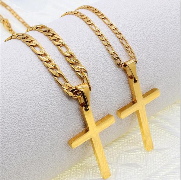 Real 14k amarelo sólido ouro fino gf Jesus cruzamento crucifixo charme grande colar de corrente pendente Figaro