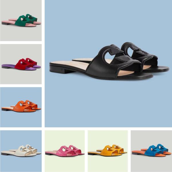 Yaz 23 S/S Marka Kadın Birbirine Sandalet Ayakkabı Cut-out Slayt Plaj Flats Süet Deri Terlik Üzerinde Kayma Bayanlar Comfot Rahat Yürüyüş EU35-43 Kutu