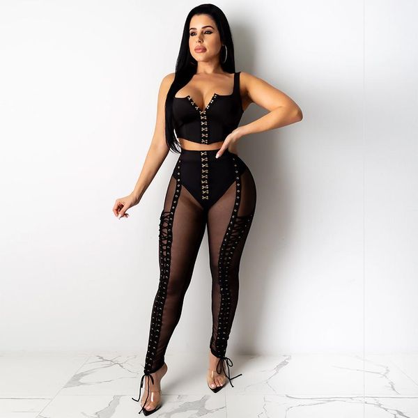 Capris handgefertigte Schnürhose sexy schwarz weiß auf See durch Mesh Flex Game Starke Leggings mit goldenen Ösen vor Fashion Clubwear