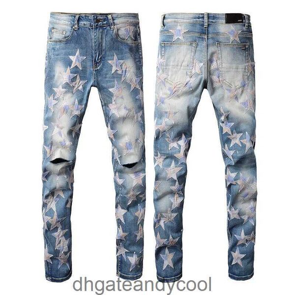 Pantaloni firmati da uomo Star Denim High Street Style Amirres Decal Jeans Jeans skinny slim al ginocchio 8ZYQ