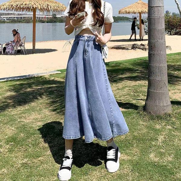 Röcke Koreanischen Stil Hohe Taille Lange Für Frauen Mode 2023 Sommer Dünne A-linie Denim Rock frauen Alle-Spiel midi