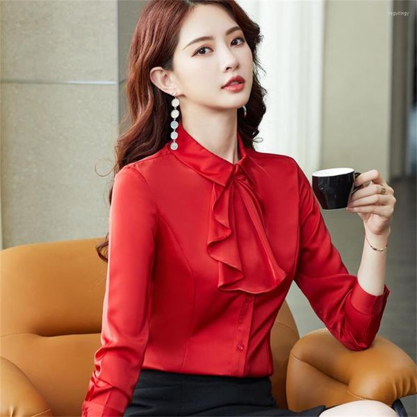 Bloups feminina Mulheres vermelhas camisa formal 2023 Na moda feminina coreana chiffon manga comprida gravata borbole