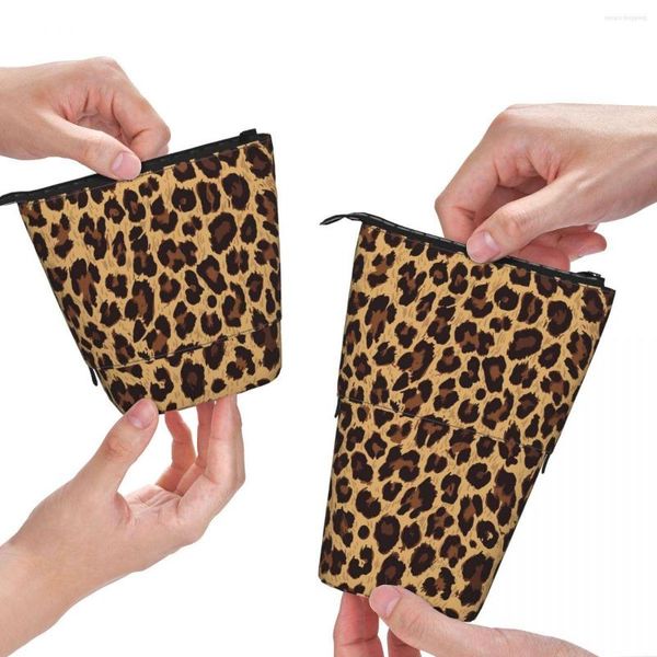 Gold Leopard Fold Lápis Cozinha Trendy Animal Print Teens College Standing Box Bolsa de caneta fofa