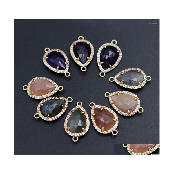 Anhänger Halsketten 10 stücke Trendy Facettierte Tropfen Naturstein Doppel Loch Anschlüsse CZ Gepflasterte Amethyst Charms Für DIY Tropfen Ohrringe del Dhofb