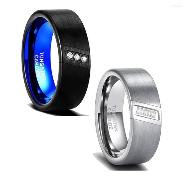 Anelli a grappolo Larghezza 8 mm Tungsteno per uomo Colore nero/argento Finitura opaca Tre pietre CZ Intarsio Fidanzamento Fede nuziale Vestibilità comoda