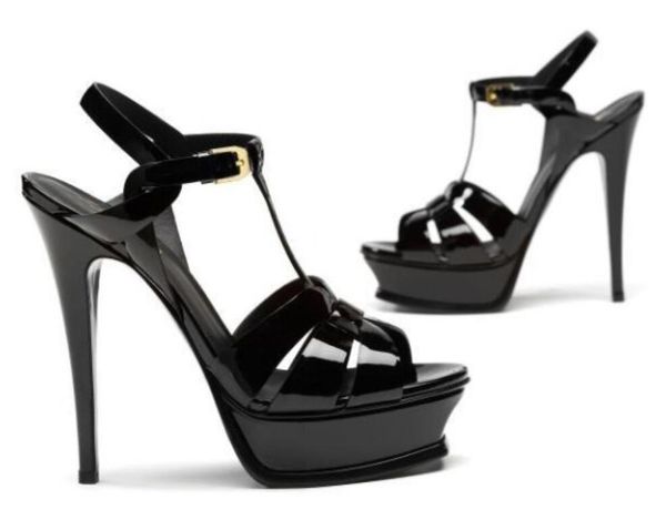 Lüks Kadın Tasarımcı Sandal Traute Sandal T-Strap Platform Sandalet Sandalet Sandalet Buzağı Derileri Yüksek Topuklu Açık Ayak Parmağı Yaz Pompaları Siyah Patent Deri 35-43 Kutu