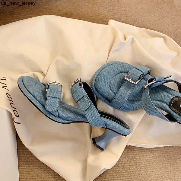 Terlik Moda Flip Flops Denim Deri Ayakkabı Kadın Sandalet Başak Yüksek Topuklu Kadın Terlik Ayakkabı Kadınlar Partisi Elbise Kıyafet Ayakkabıları J230519