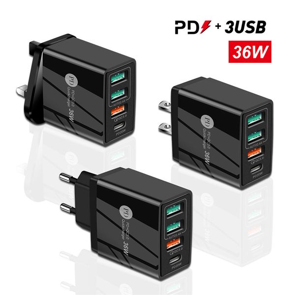Nuovo caricatore per cellulare a ricarica rapida PD36W 5V4A Regolamentazione europea e britannica Carica adattatore multiporta PD + 3USB Testa elettrica