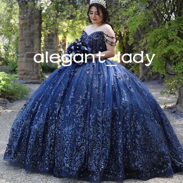 Navy Blue Sweet 16 Abiti Quinceanera 2023 Off spalla Perline Appliques Principessa Abito da festa Abiti da 15 anni