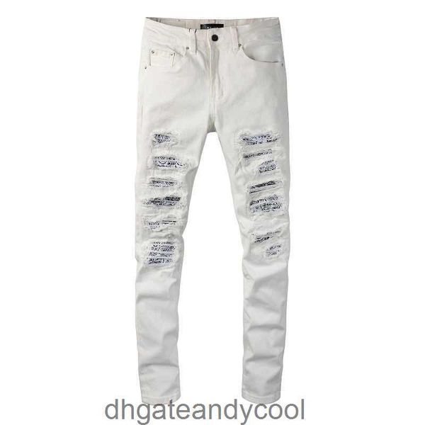 Cashew-Jeans Designer-Hosen Mann Mode brandneue weiße Denim Amirres Blumen zerrissene Jeans junge Männer Slim Fit kleiner Fuß elastische Ins-Style-Hose EOQF