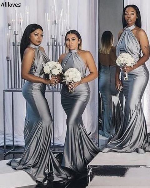 Vestidos de dama de honra da sereia de prata para a Nigéria Africana Black Girls Sleeseless Long Long Of Honor Daldns Dress Size Wedding Festy Dress CL2271