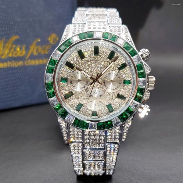 Relógio de pulseira moldura de moissanite para assistir jóias green Men Full Iced Out Diamond Luxury Style Hip Hop Relógios Cronógrafo Relógio